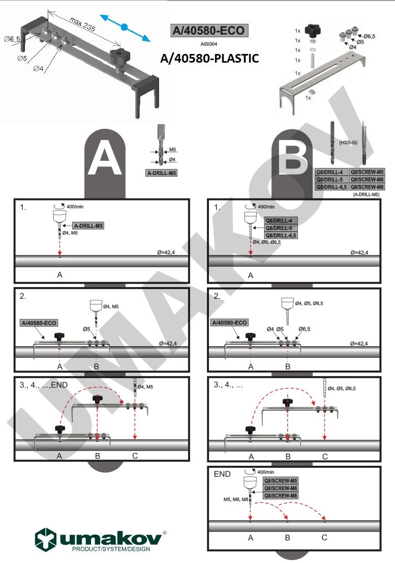 Preparation for tube drilling D42,4x2mm, 40x40x2mm