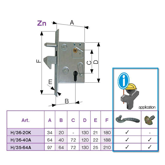 Lock for sliding gate with counterpart 72x60mm