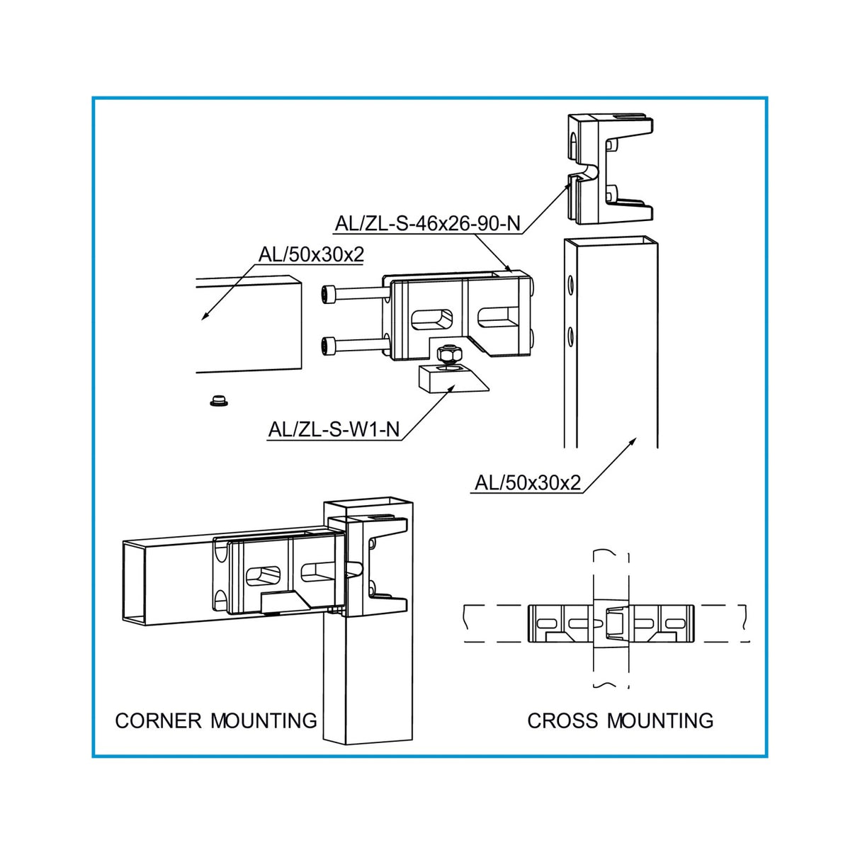 Corner connector 46x26 for profile 50x30