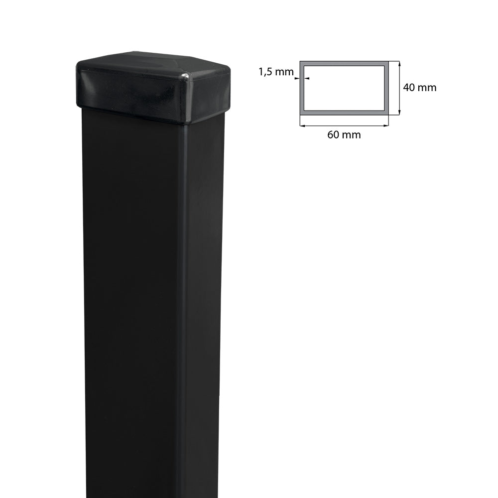 Palo zincato 60x40mm con tappo in PVC, 1800mm - Nero RAL 9005