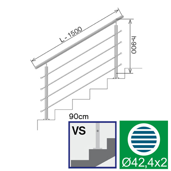 Railing AISI304, VR STAIRS AISI304, D42,4/4xd12/H9