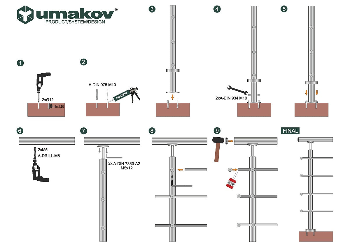 Railing JP, VR AISI304, 40x40x2/4xd12/H900/L3000mm