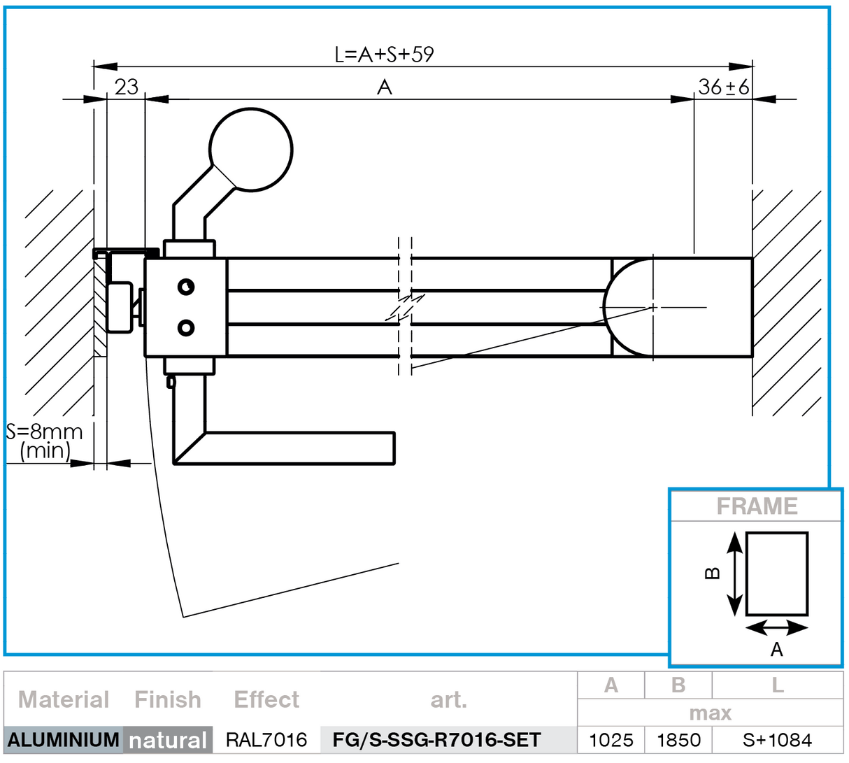 Single-wing aluminium gate 1.025x1.85m with 20x100 R7016 filling - set