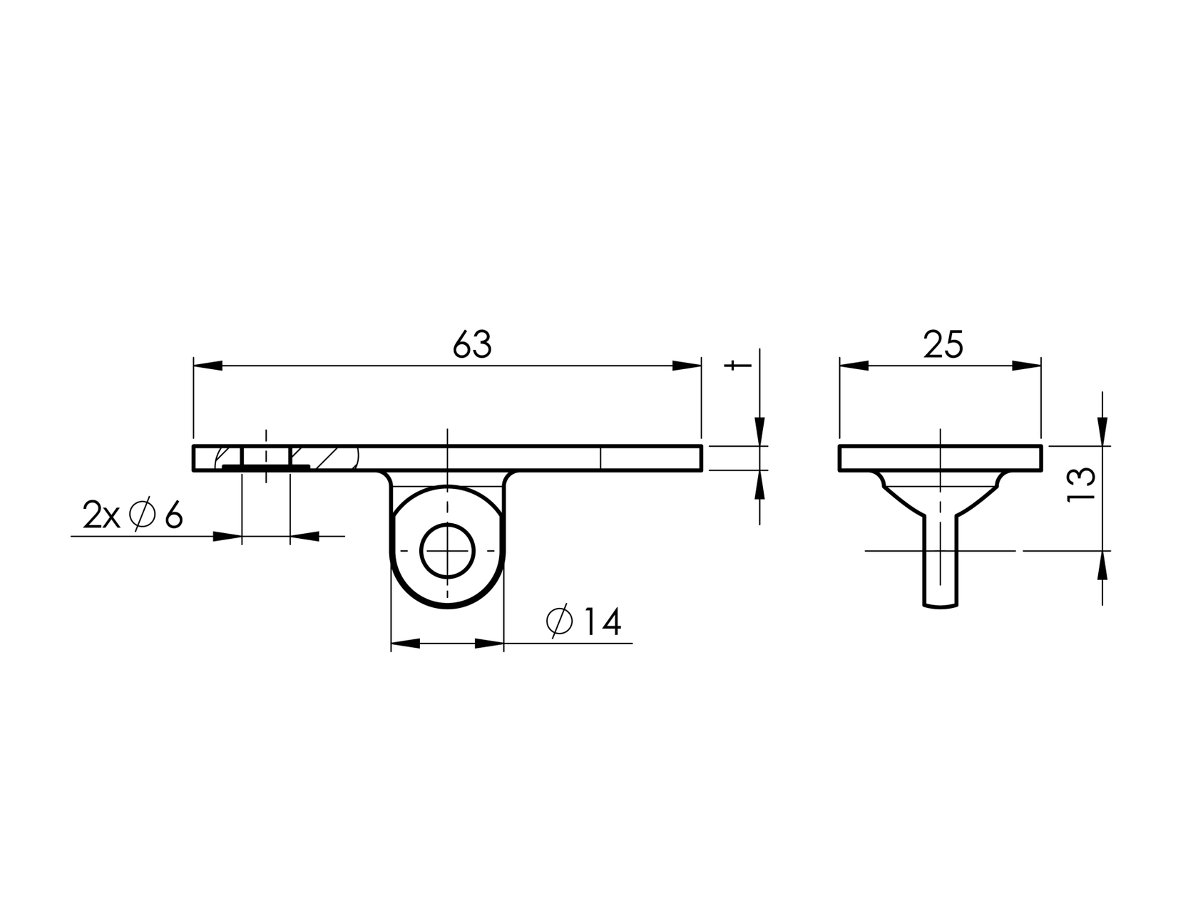 Handrail saddle - flat AISI316, rovné, 63x25/d6mm