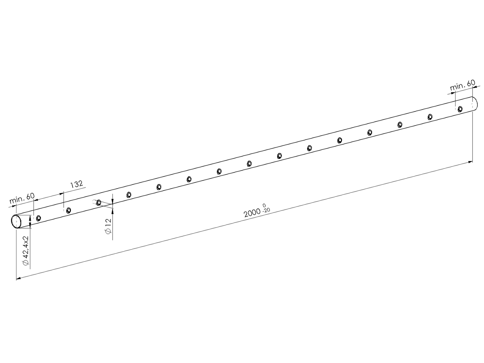 Brushed pipe AISI304,0D42,4x2/15xd12,5/L1980