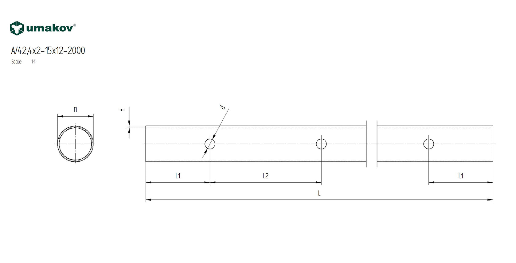 Brushed pipe AISI304,0D42,4x2/15xd12,5/L1980