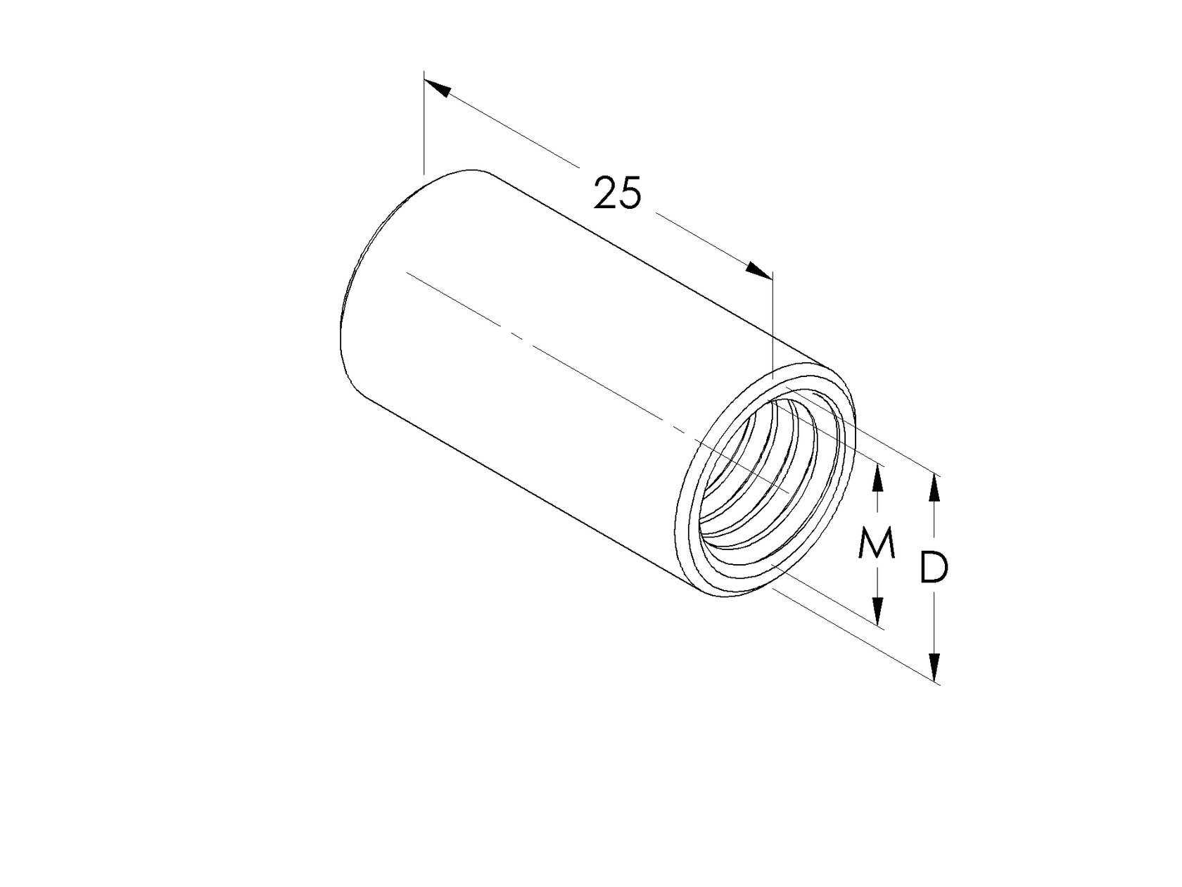 Round coupling nuts, full length thread, AISI304, M8x25