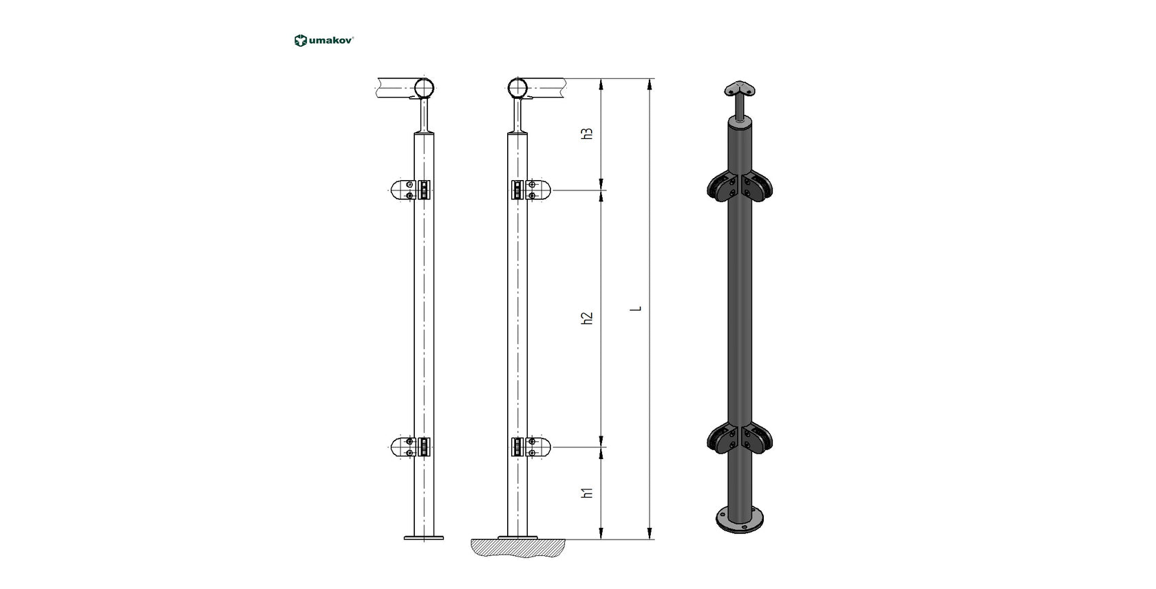 Stainless steel pole AISI304, D42,4x2/4xmodel20/H1