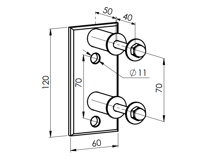 Rectangular side anchoring AISI304, 120x60x51/40x4