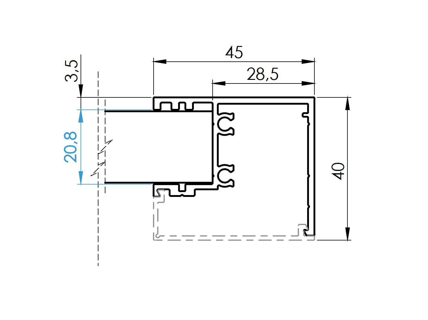 Aluminum fence adapter for panel fillings 1-8mm - 6000mm