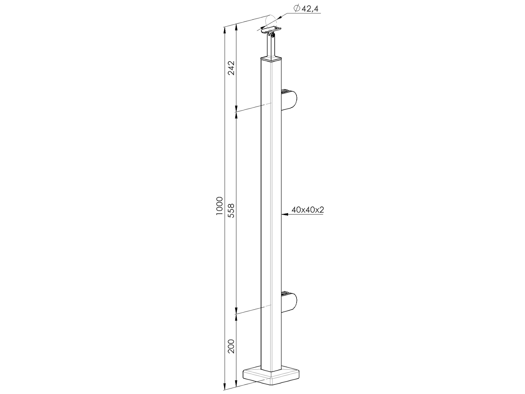 Inox pole, VK-straight, right AISI304, 40x40x2/2xm