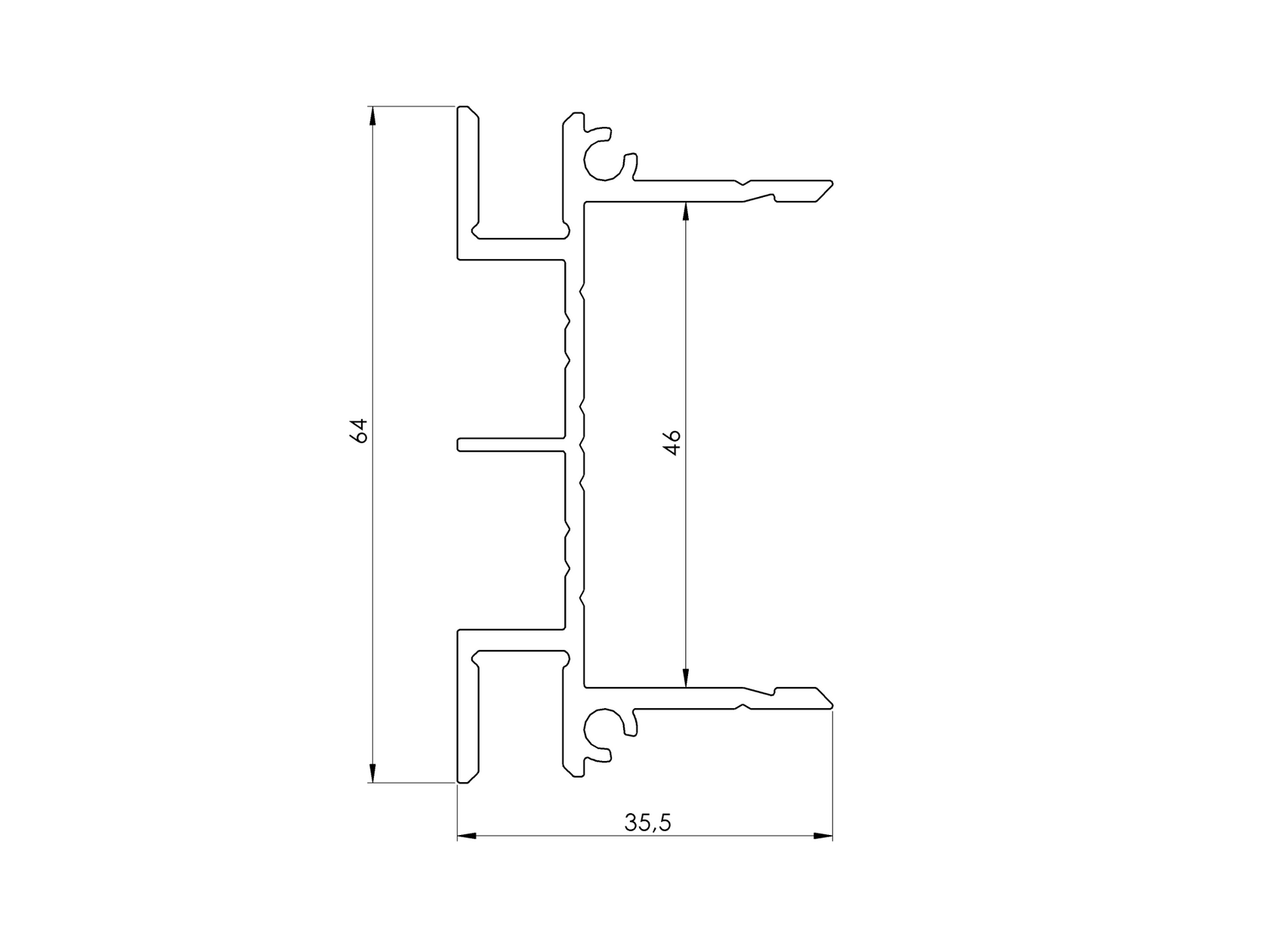 Aluminum adapter 64x38-1200mm for blinds up to 46mm R7016