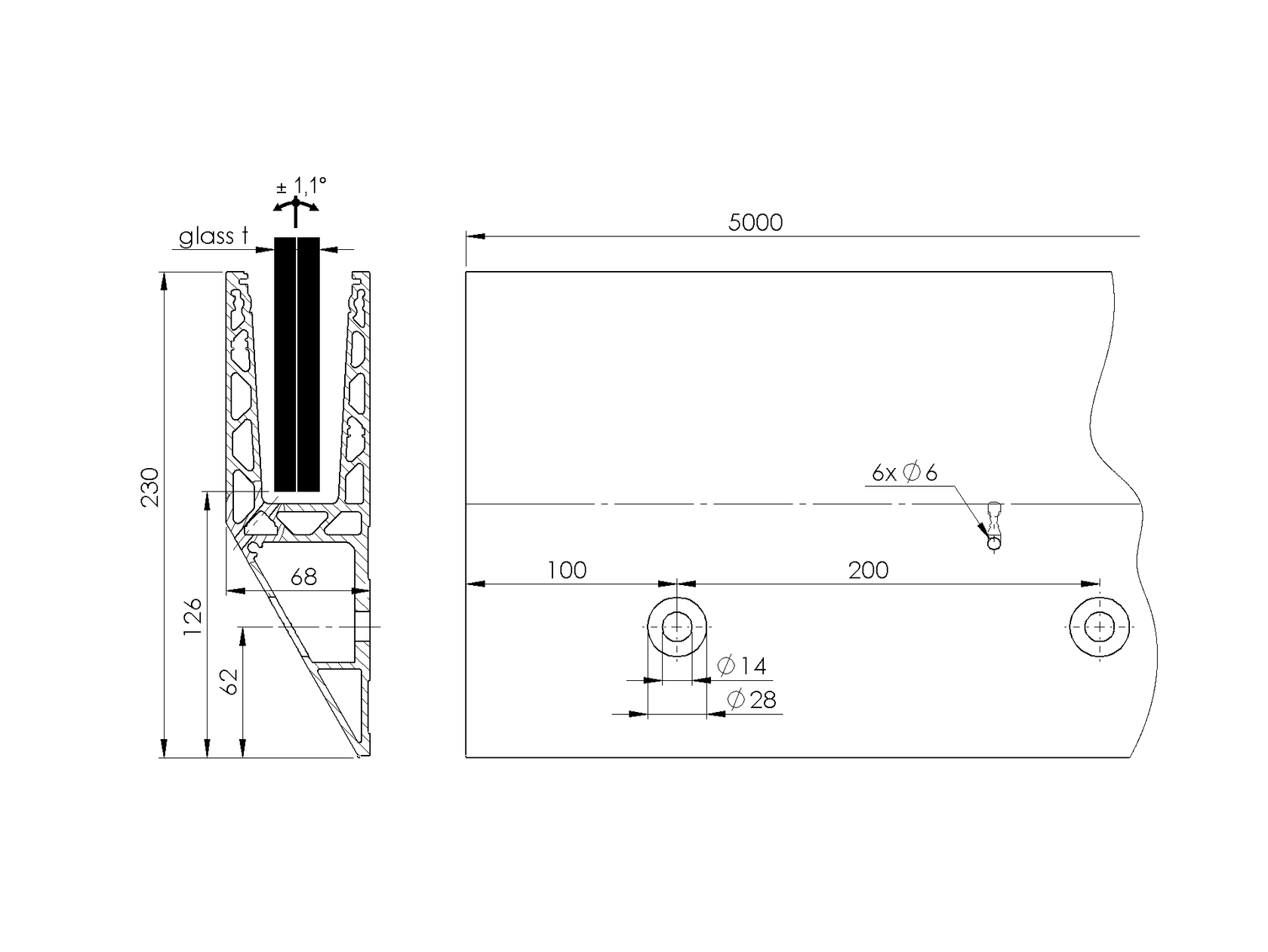 Aluminium profile for glass railing -side mounting