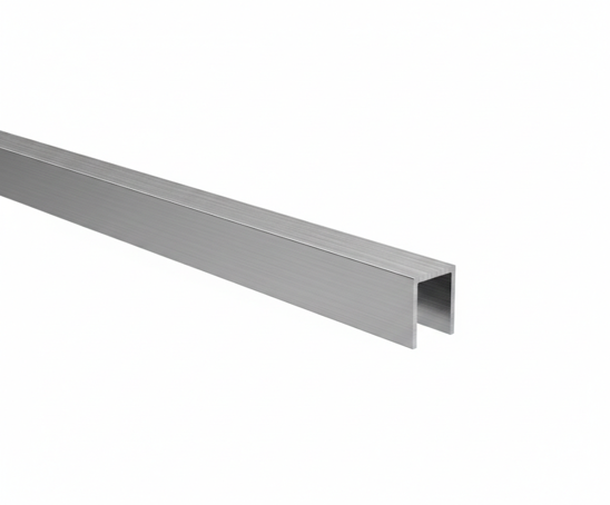U-shaped aluminium glazing profile 20x30x2mm for 10–12mm glass, stainless steel finish