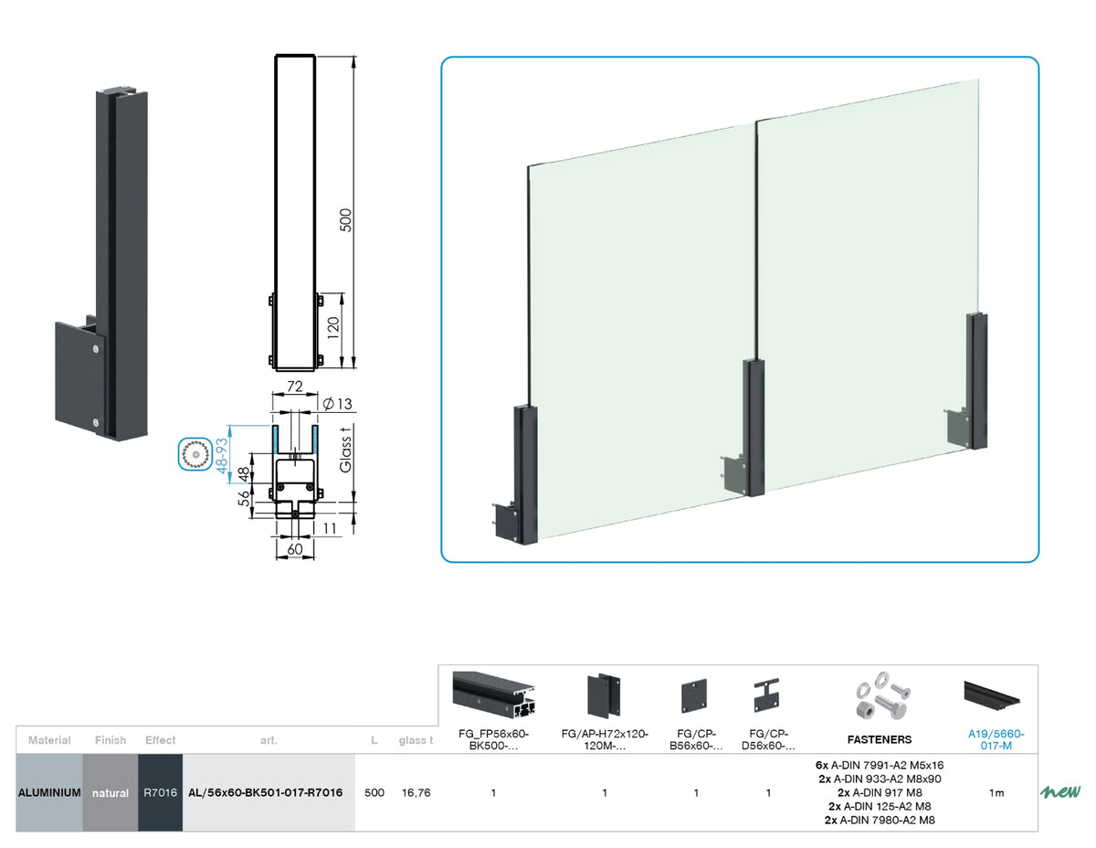 Set palo alluminio 56×60 - 0,5m, fissaggio laterale con coperture, intermedio - Antracite RAL 7016