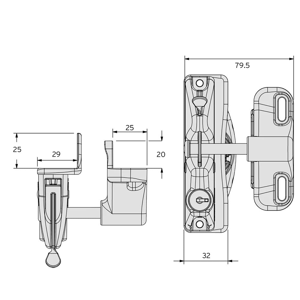 Hooked latch with lock, single sided