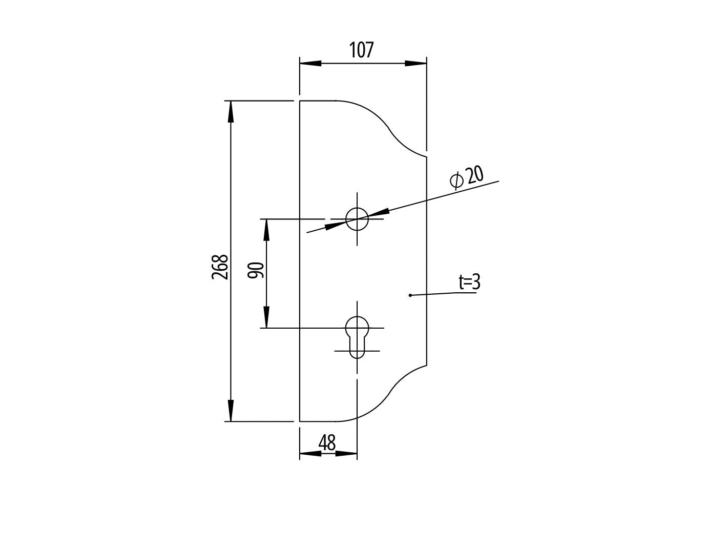Decorated gate plate -left side, 265x107, t3, a90, D20mm