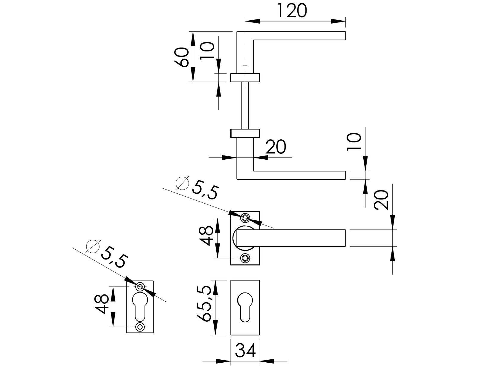 Door handle with plate, pair AISI 304, K320
