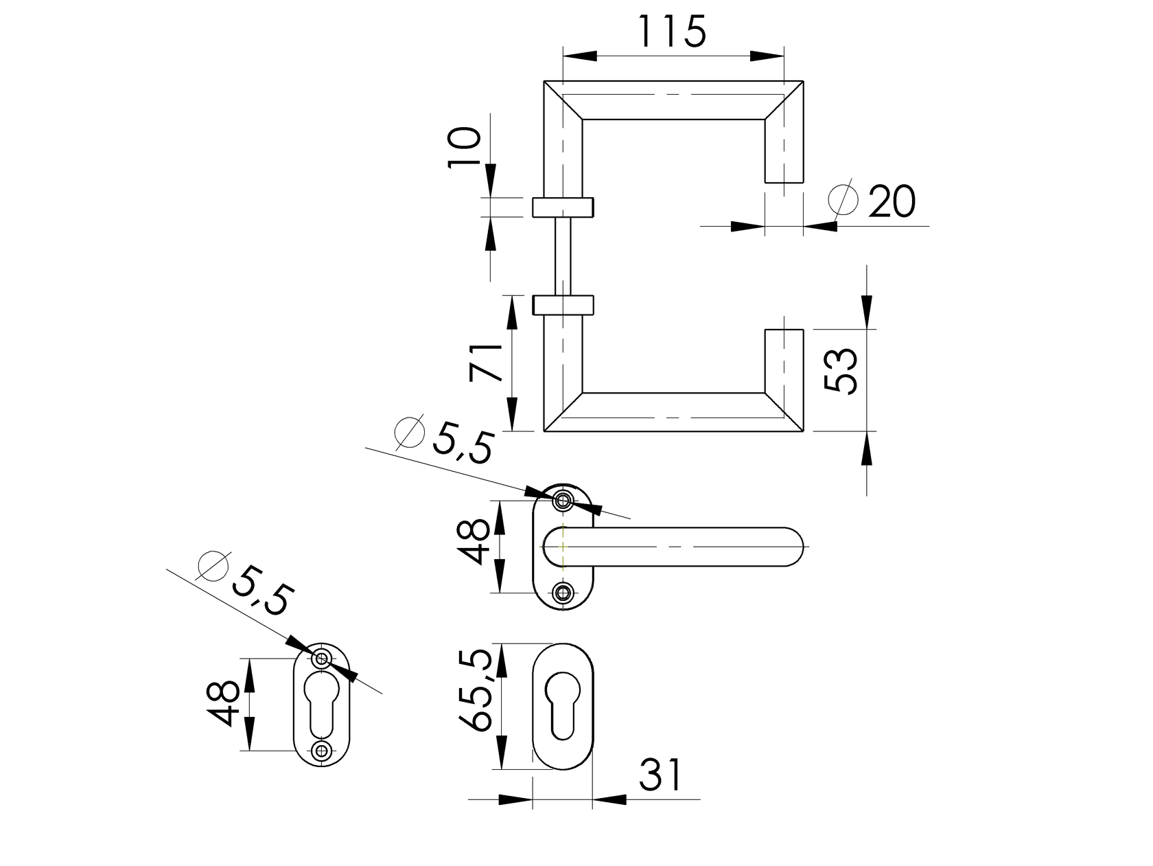 Door handle with plate, pair AISI 304, K320