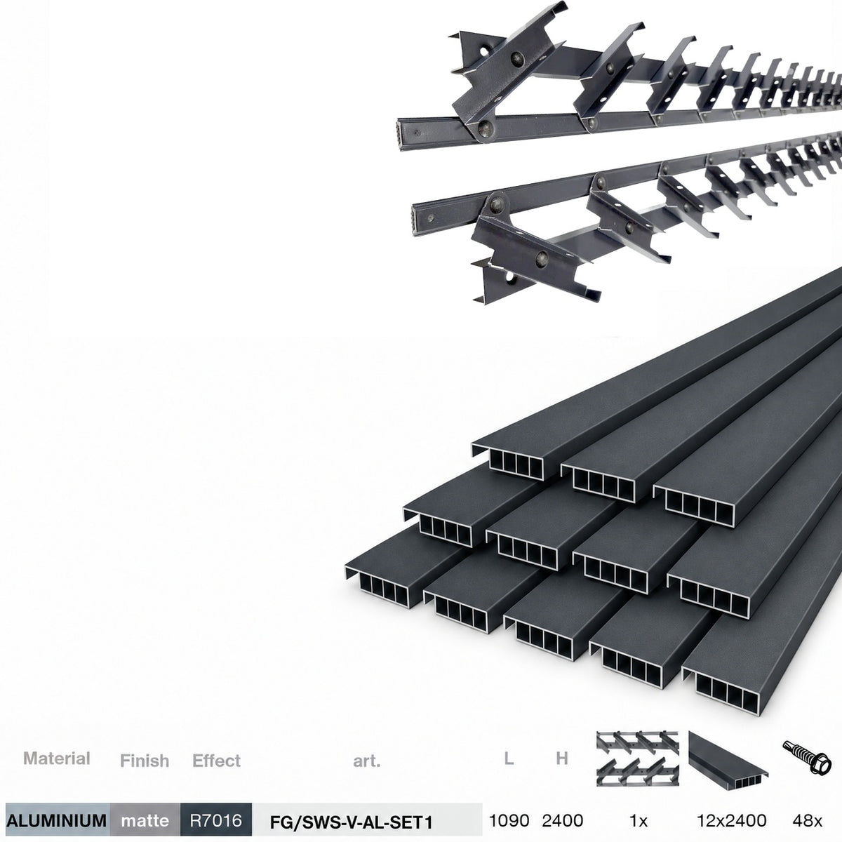 Set Anthracite aluminium vertical tilting system 1.09 m with AL 2.4 m Anthracite infill 20x95