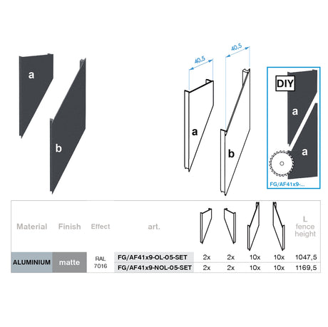 Click-lock spacer cover strip for U-adapter, 41x09-36mm - Anthracite R7016, slanted with 5 mm gap - SET