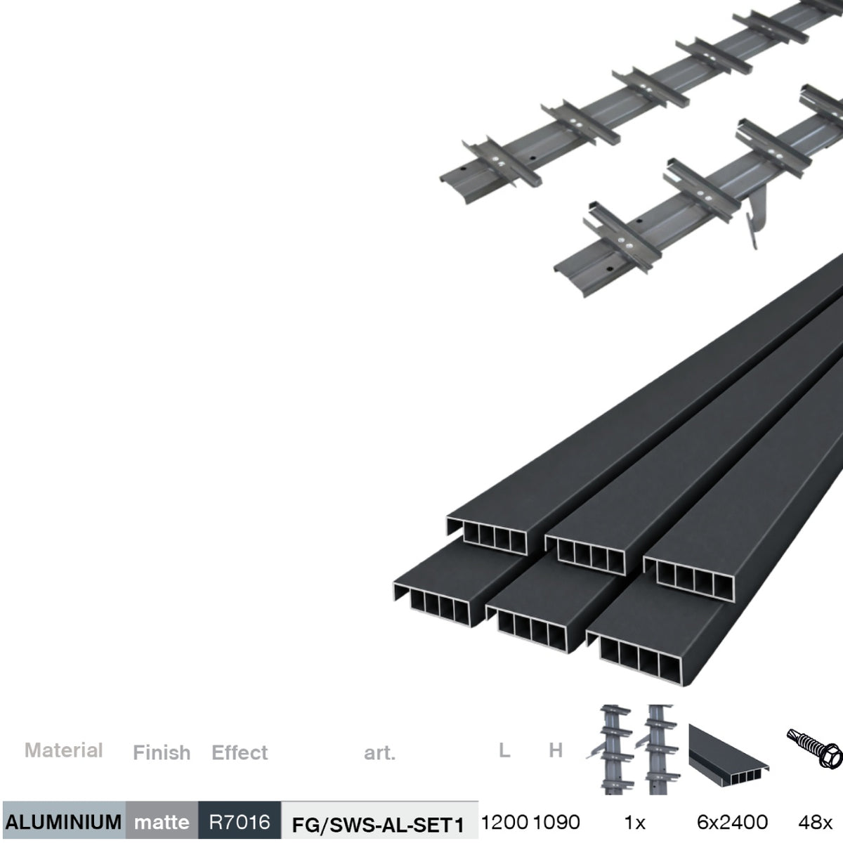 Set Anthracite Aluminum Horizontal Tilting System 1.09m with AL 1.2m Anthracite Infill 20x95mm