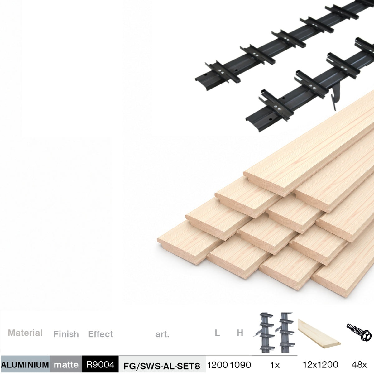 Set sistema basculante orizzontale in alluminio nero 1,09 m con riempimento in legno di pino da 1,2 m 19x95