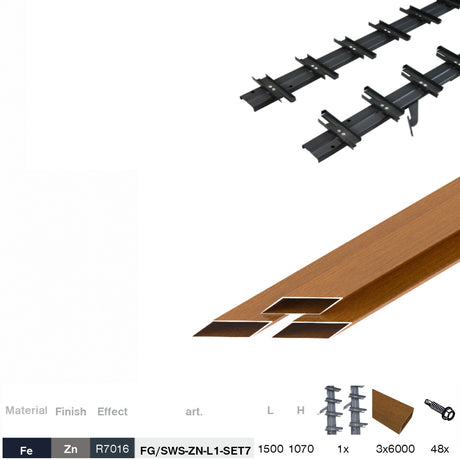 Set Black Galvanized Steel Horizontal Tilting System 1.07 m with 1.5 m Wood Decor GOLDEN OAK Rhombus Infill 20x105
