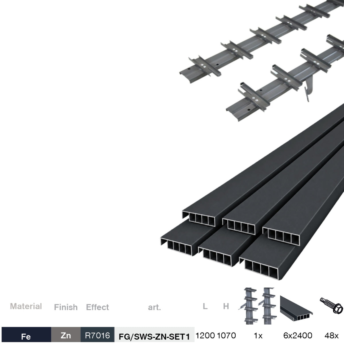 Set Sistema basculante orizzontale in acciaio zincato antracite 1,07 m con riempimento in alluminio antracite 1,2 m 20x9
