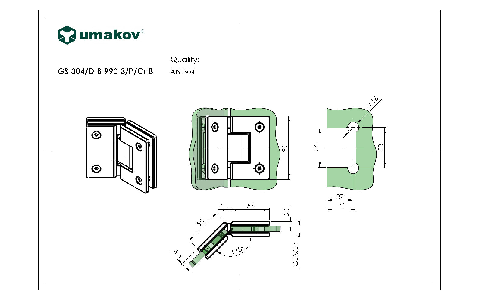 Hinge for glass door AISI304