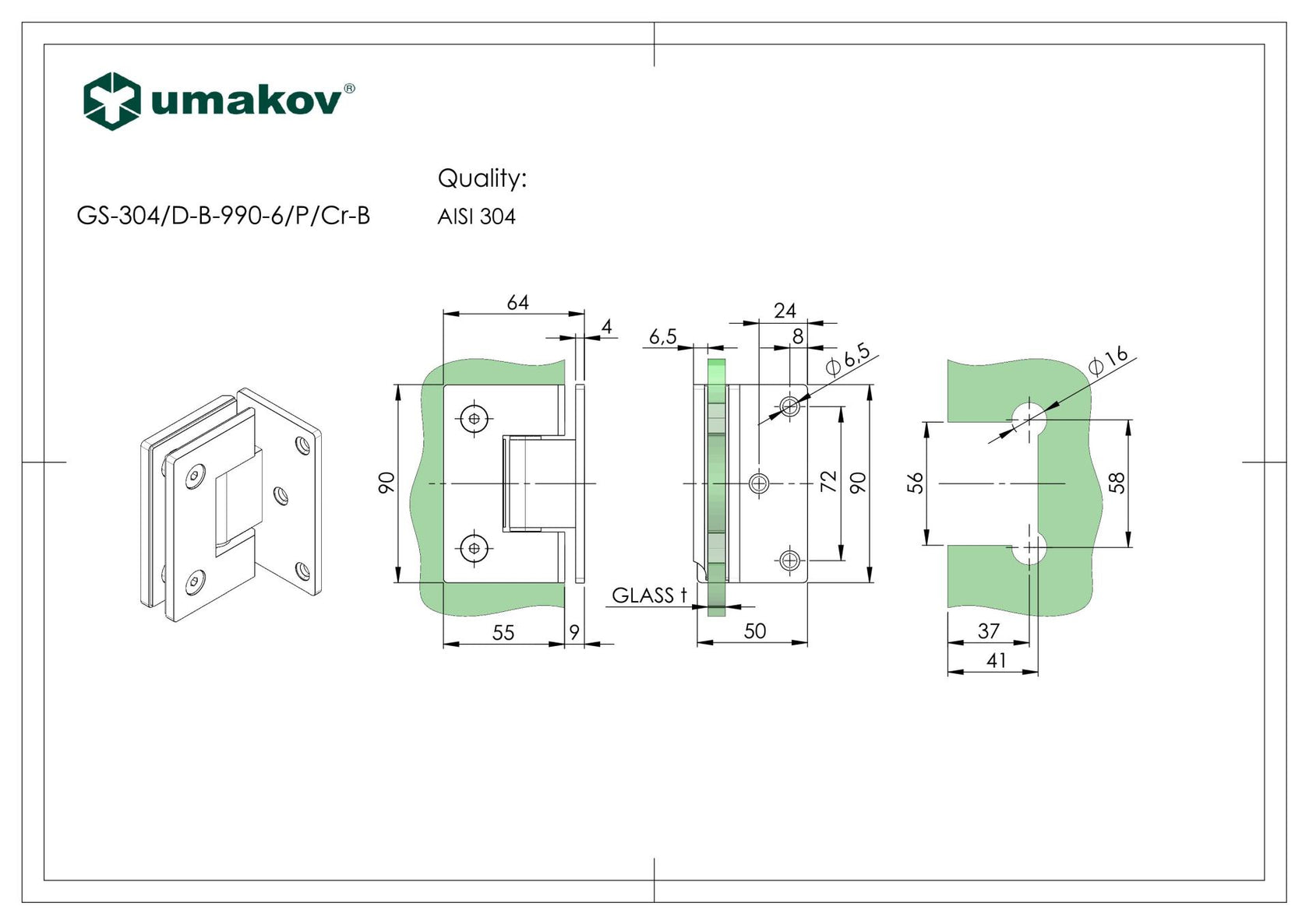 Hinge for glass door AISI304