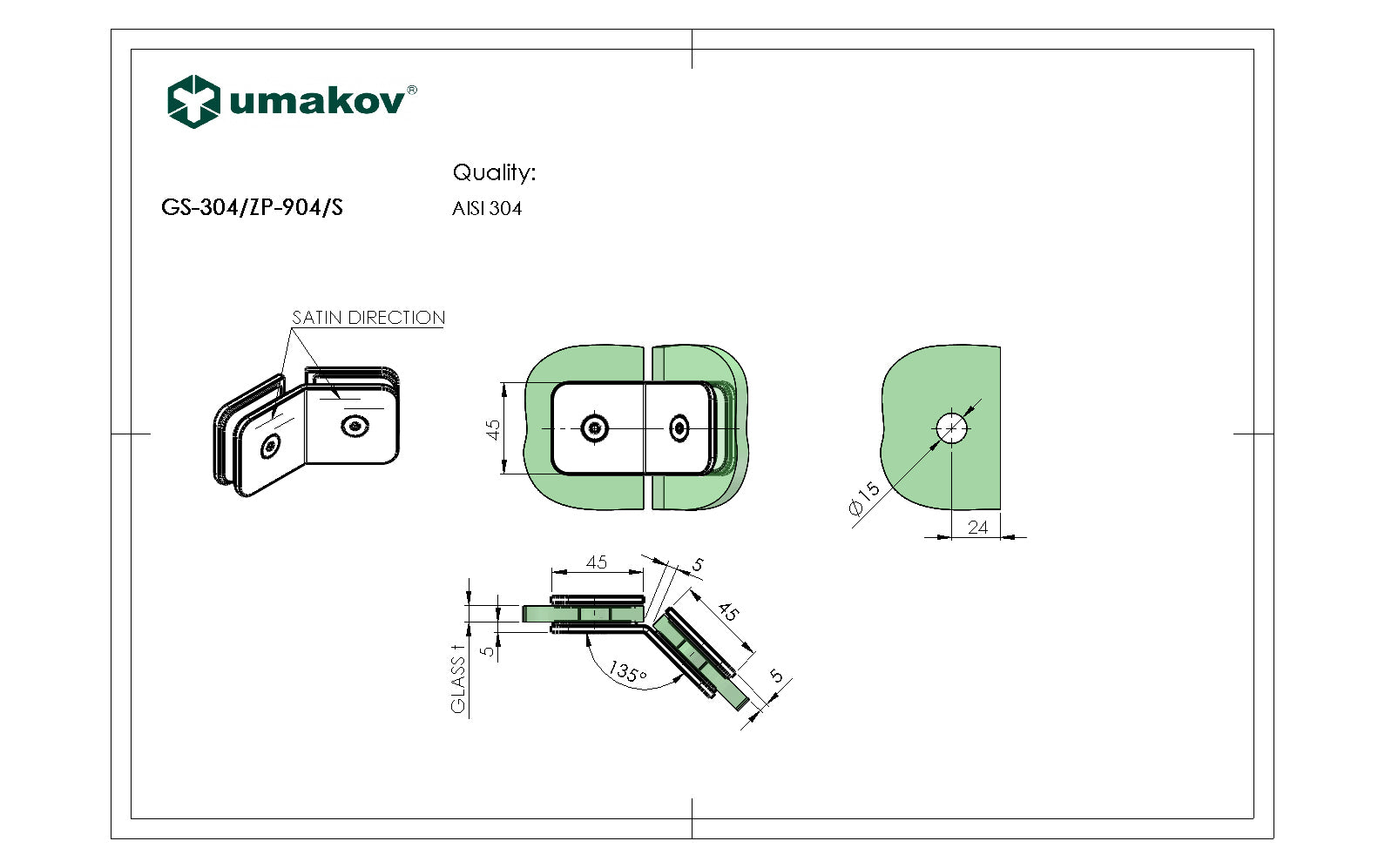 Glass clamp, AISI 304, T 8-10 mm