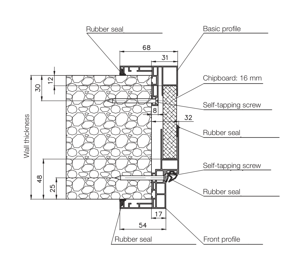 Door frame profile for glass door "U" 75-105mm SET