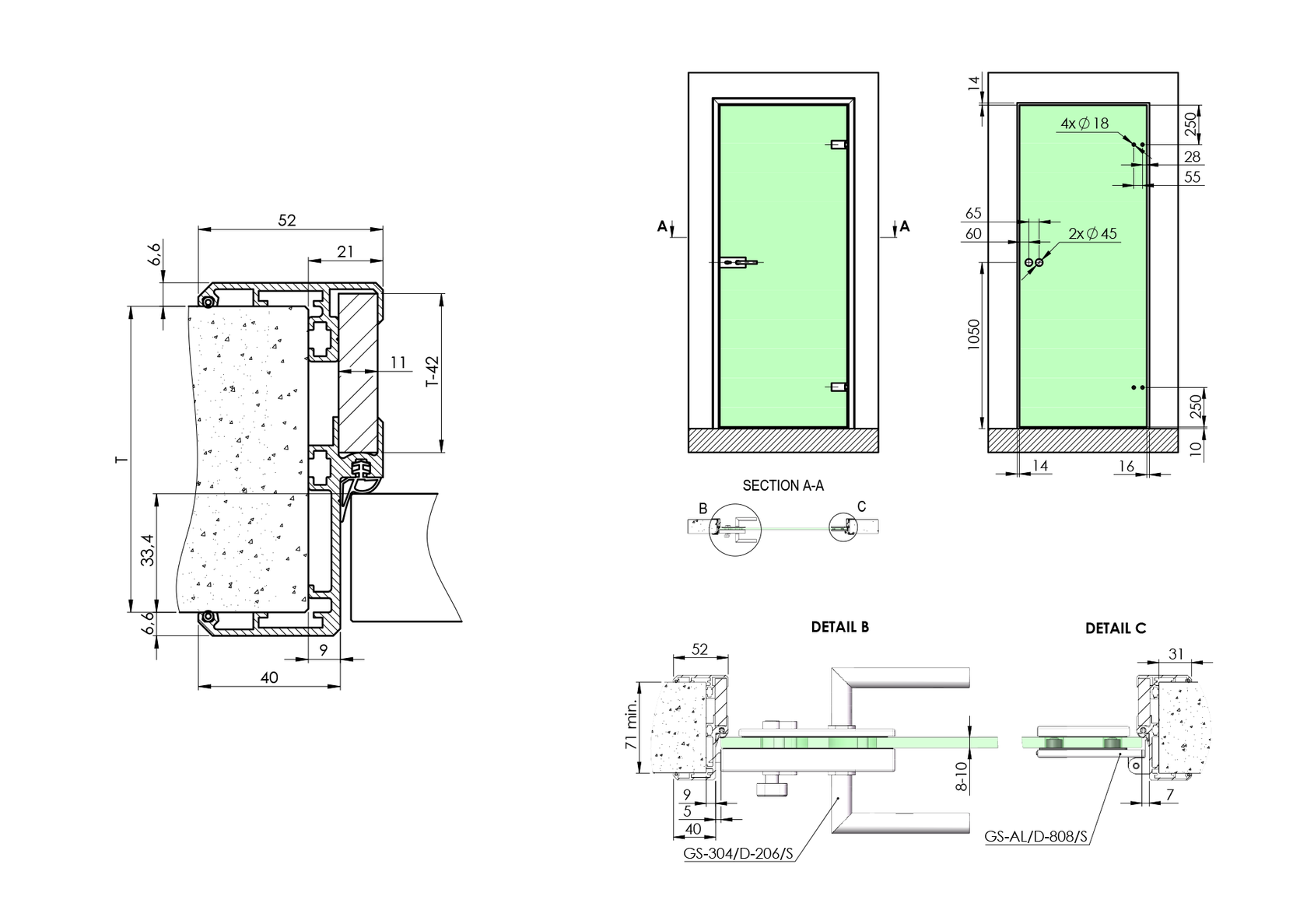 Door frame profile for glass door "U"