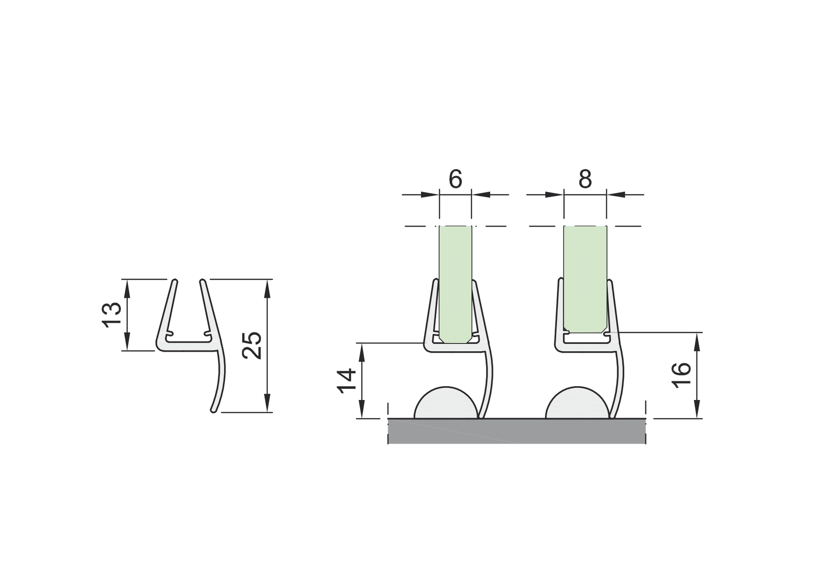 Floor "h" clip seal strip for glass door black