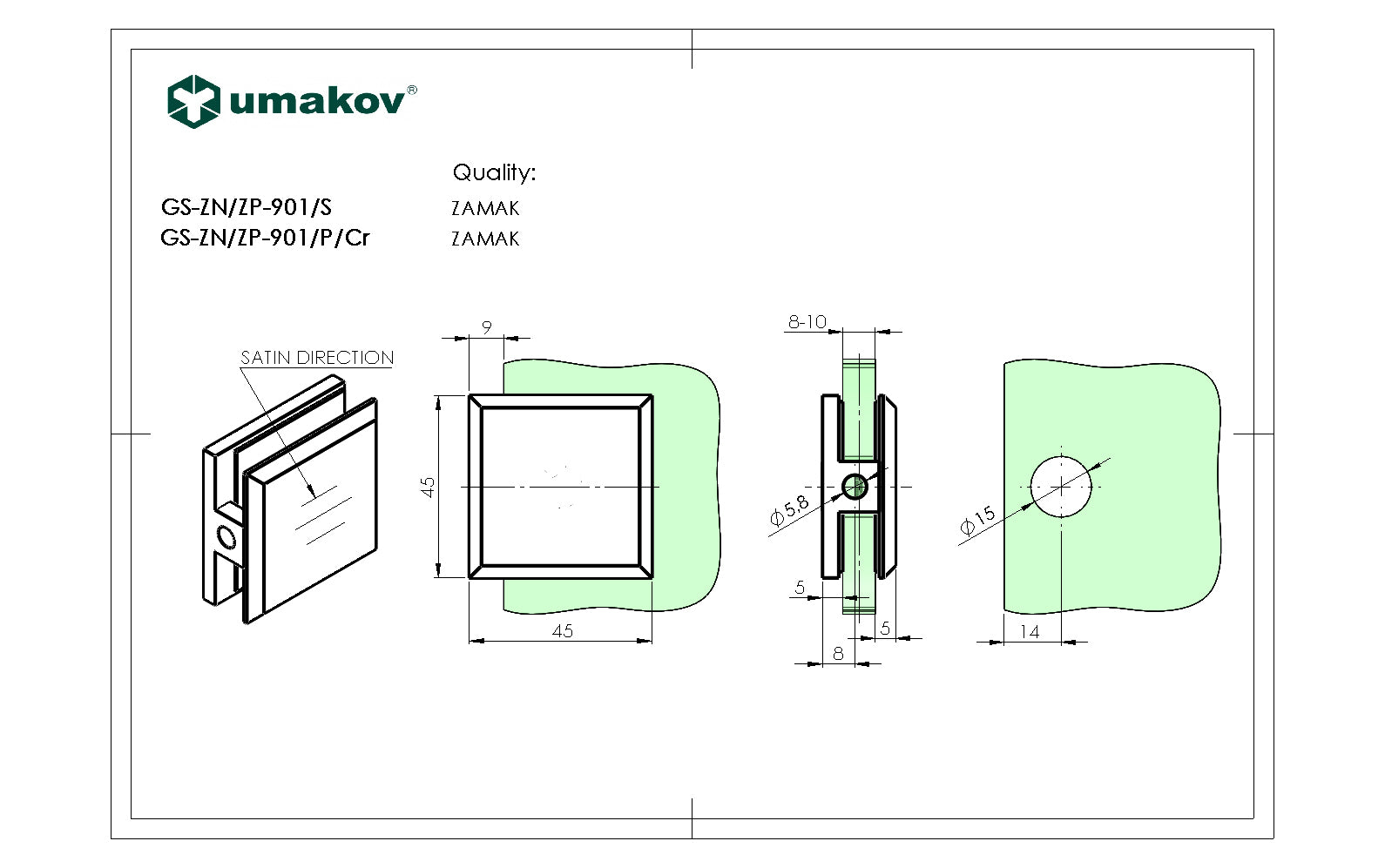 Glass clamp, Zamak, 45x45x20/T 8-10 mm