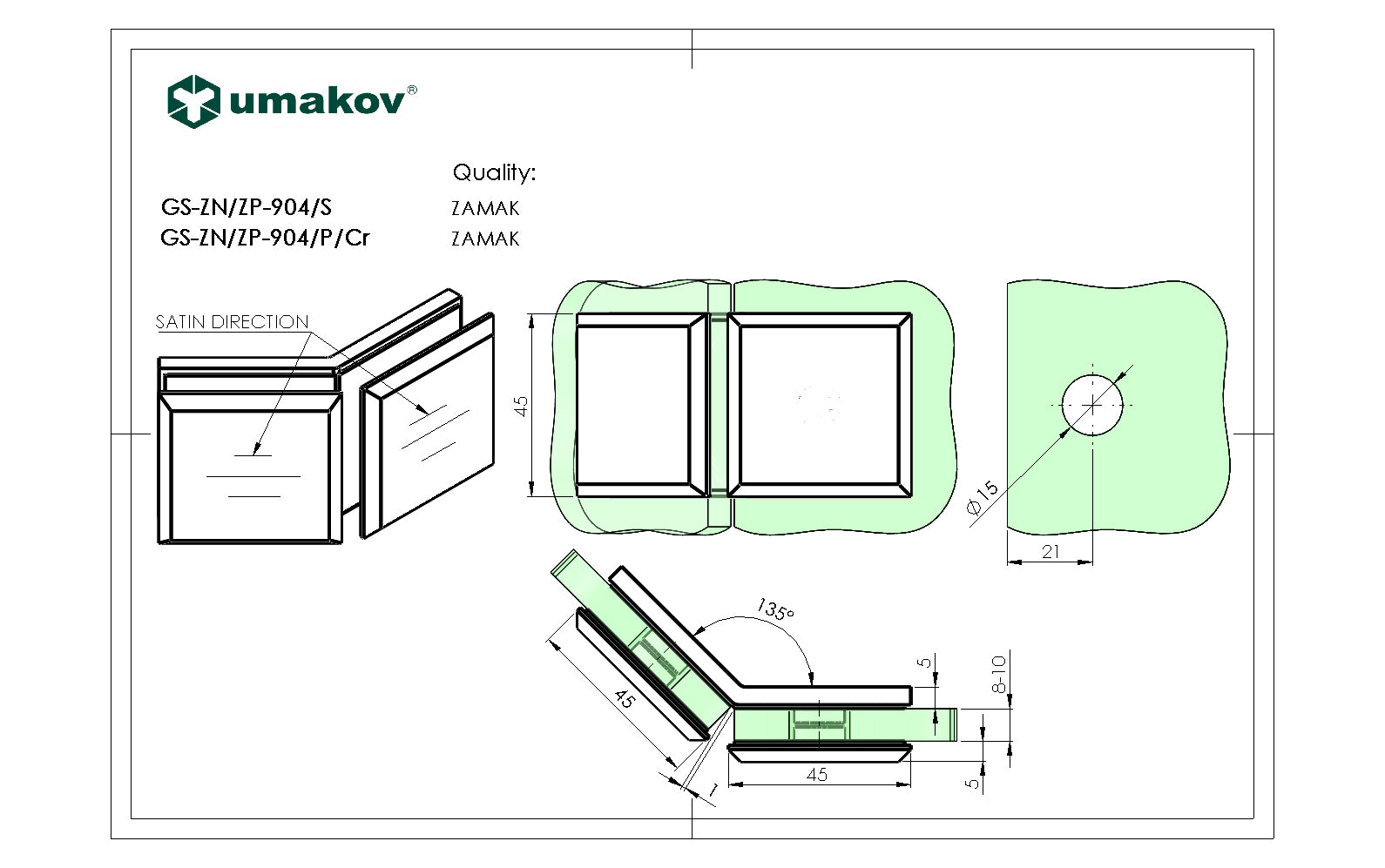 Glass clamp, Zamak, 135°, T 8-10 mm