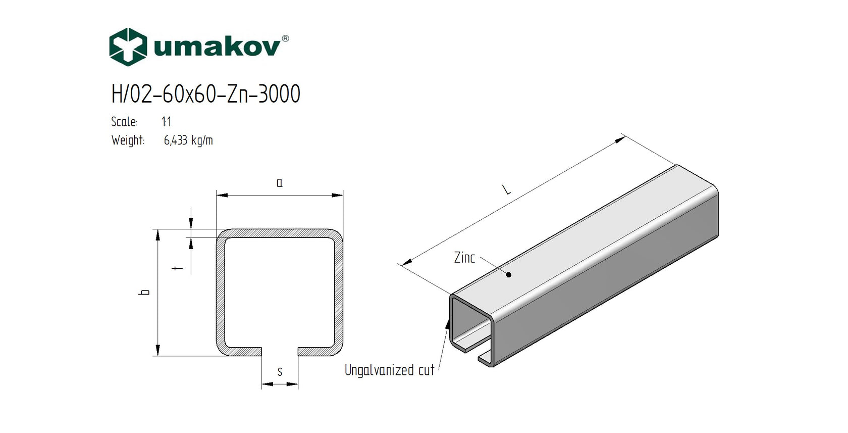 Guiding track Zn, 60x60x4mm, L3m