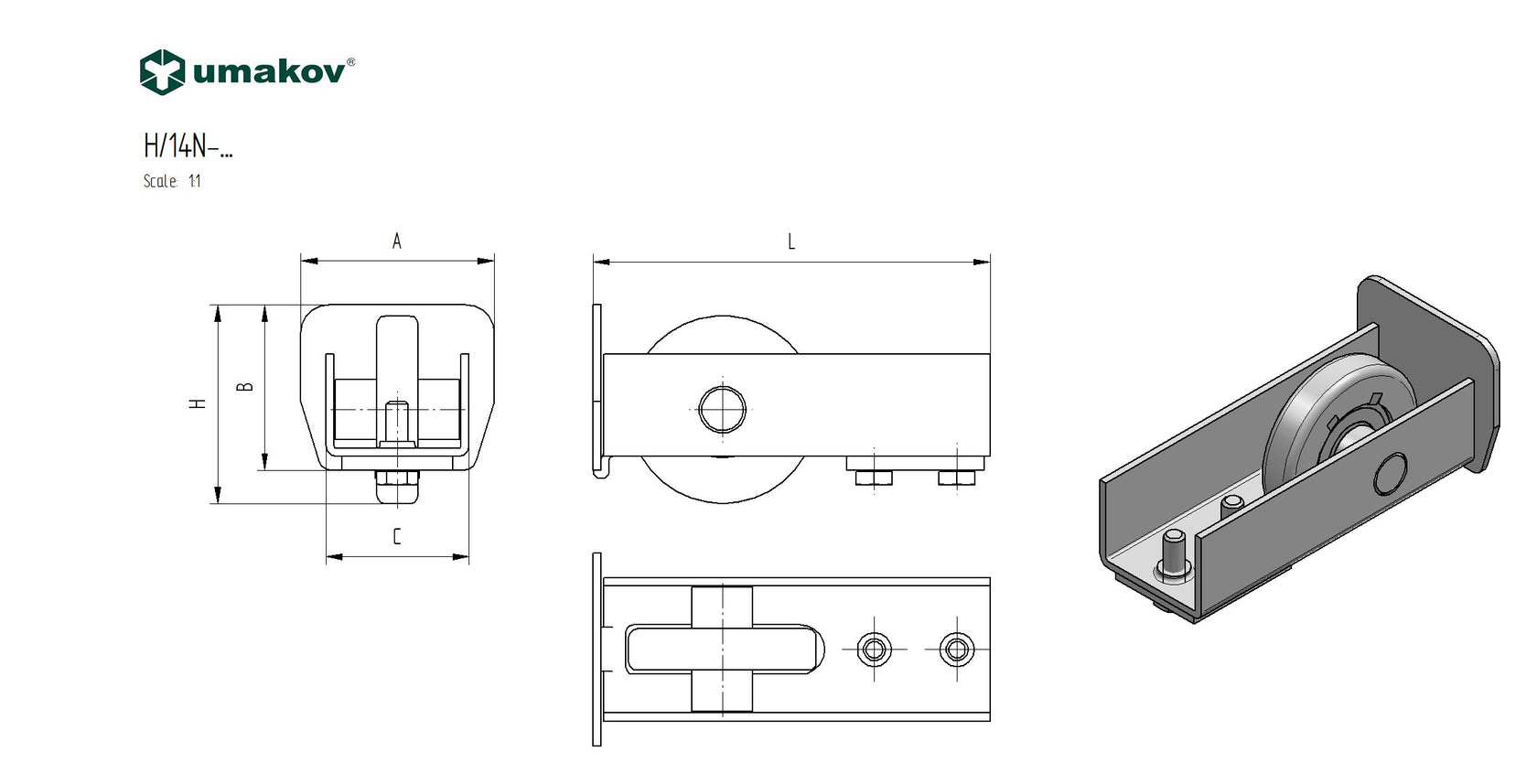 Guide wheel Zn, profile 136x142, L165mm