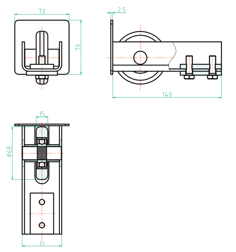 Guide wheel Zn, profile 70x70,