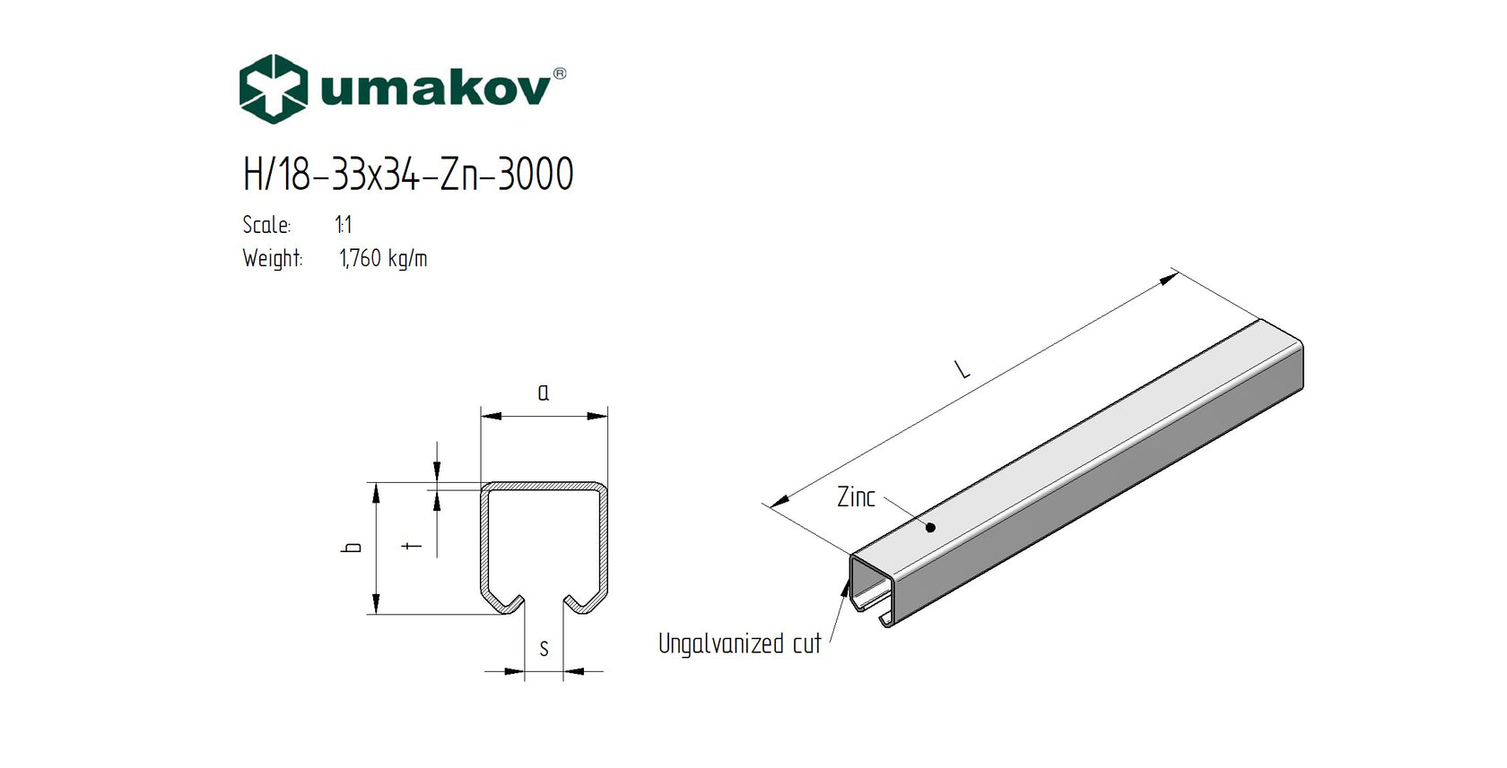 Guiding profile for hanging gates Zn, 33x34x2mm, L