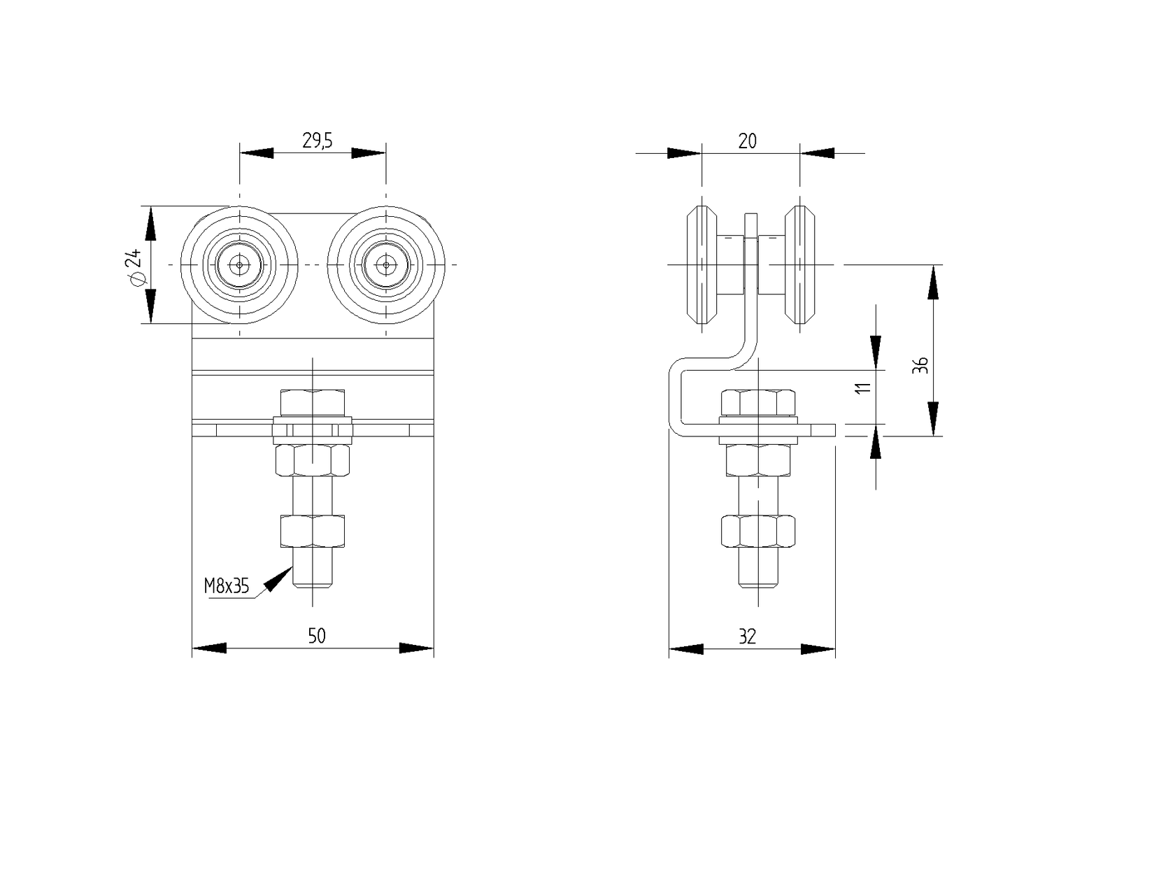 Gate roller track Zn, profile 33x34mm