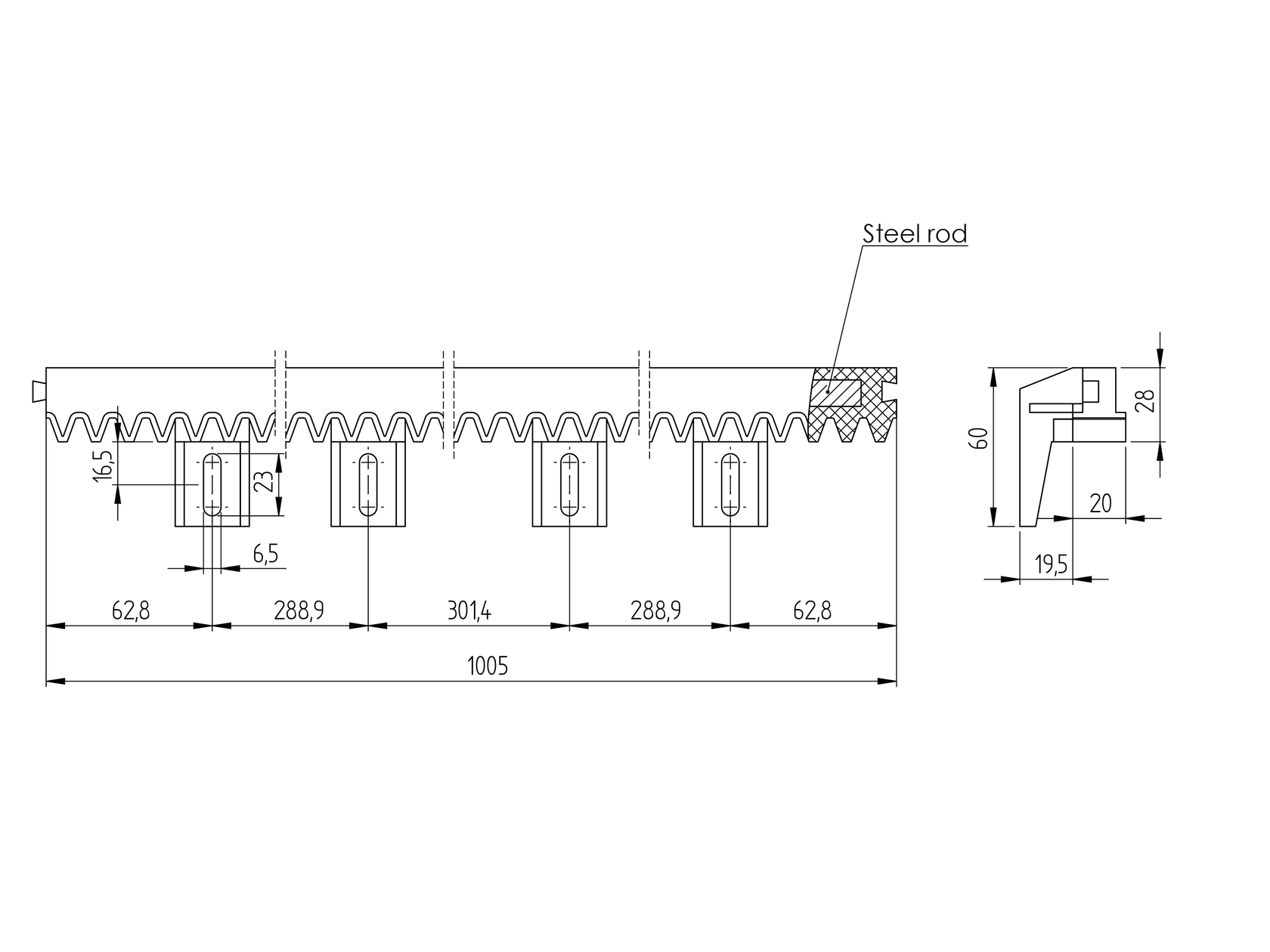 Gear rack lightweight PVC+Fe,light,27x20mm, L1m,ma