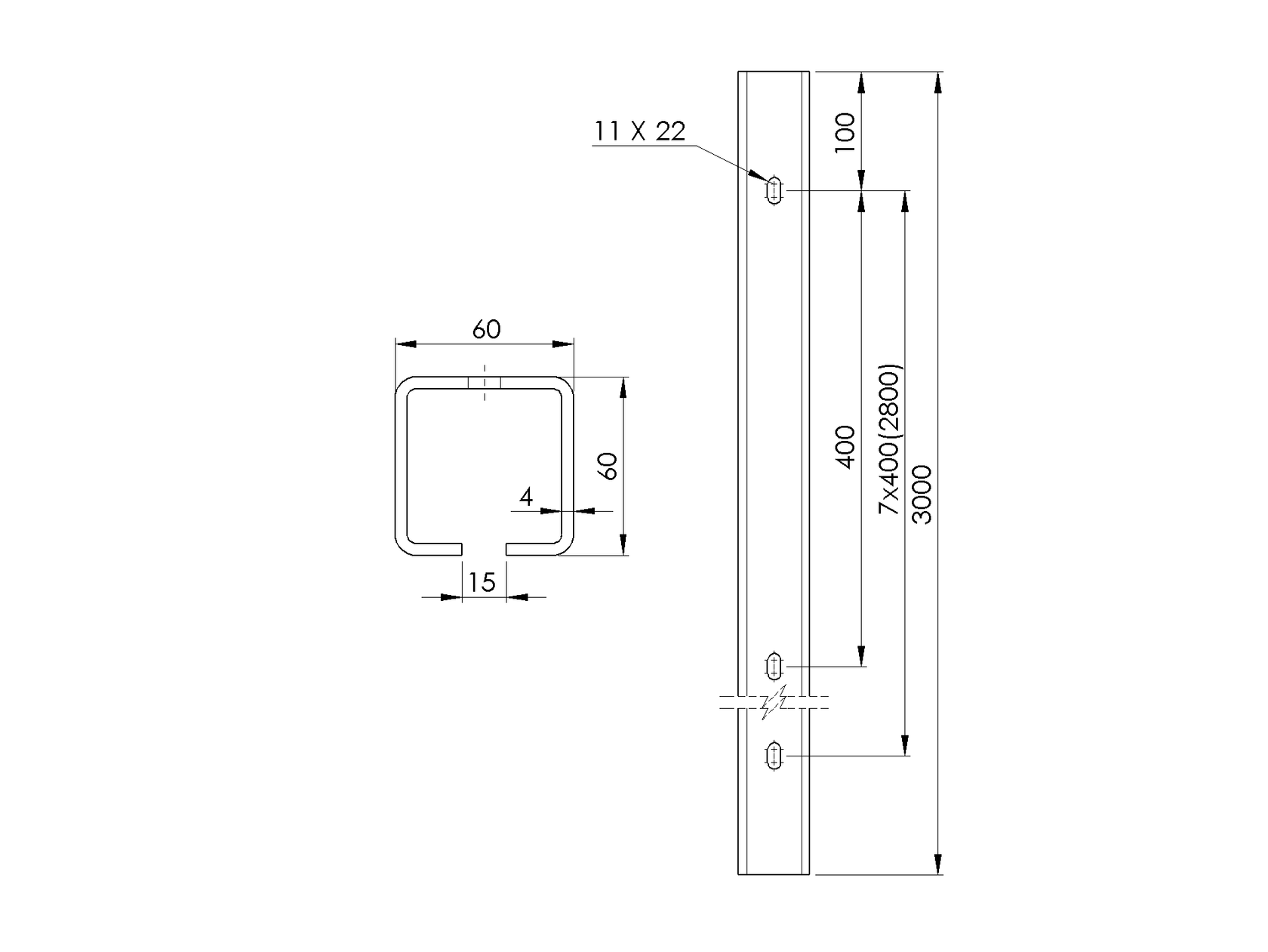 Guide profile with holes Zn, 60x60x4mm, L3m