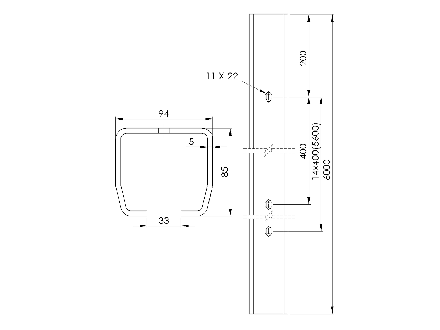 Guide profile with holes Zn, 94x85x5mm, L6m