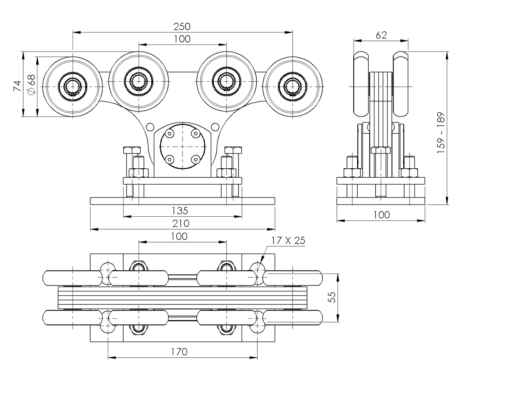 Cantilever gate carriage Zn+NYLON, profile 90x99mm