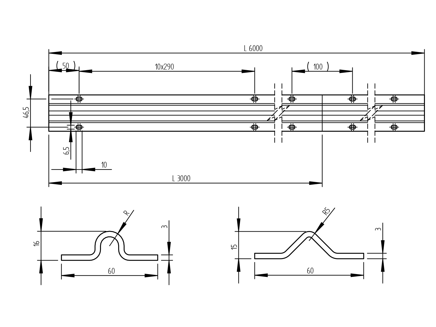 Bottom guiding rail - V Zn, 59,5x14,5mm, t3mm, L6m