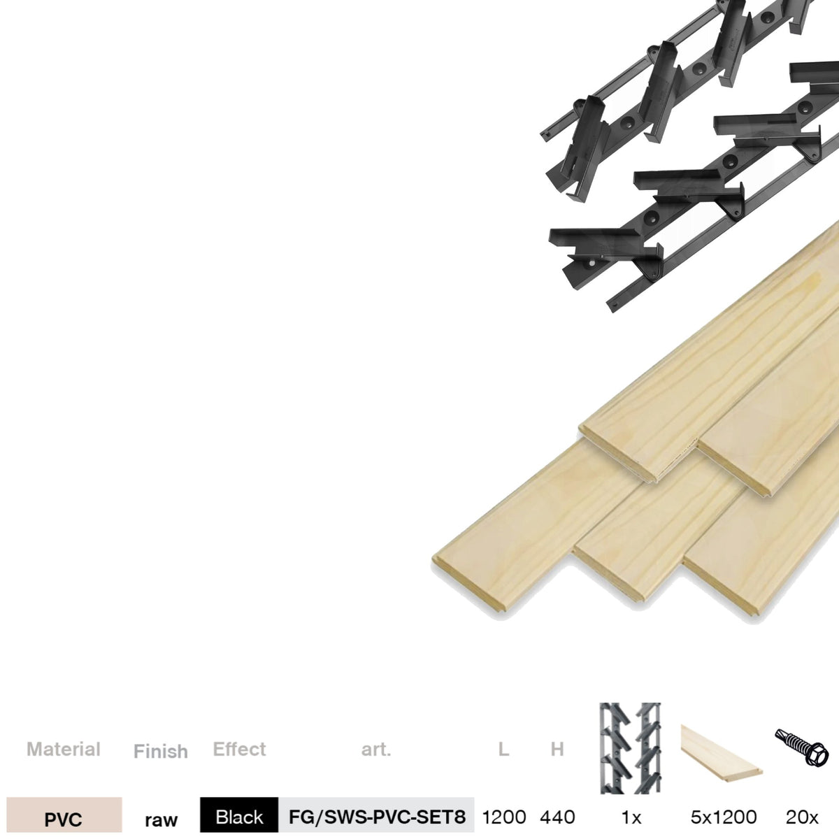 Set sistema inclinabile orizzontale in plastica nera 0,44 m con riempimento in legno di pino 1,2 m 19x95