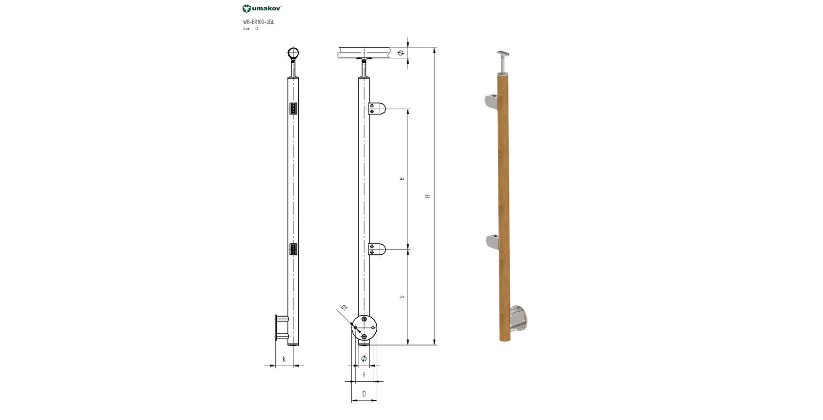 Beech pole D50mm, left AISI304+BEECH, D42,4x2