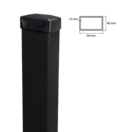 Palo zincato 60x40mm con tappo in PVC, 1800mm - Nero opaco RAL 9005